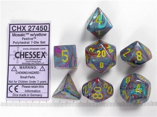 Chessex Festive Mosaic/yellow Polydice Dobbelsteen Set (7 stuks)
