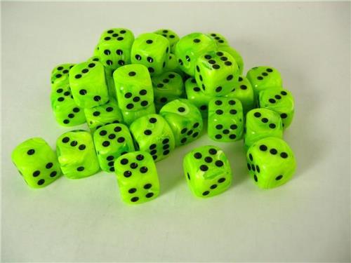 Chessex Vortex Bright Green/black D6 12mm Dobbelsteen Set (36 stuks)