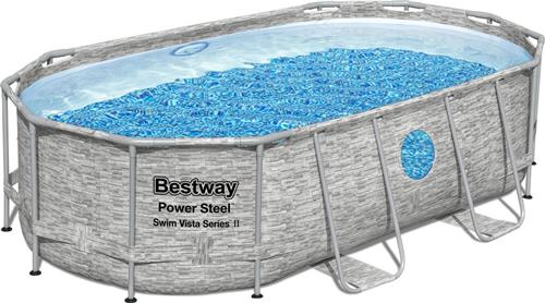 Bestway - Power Steel Swim Vista - Opzetzwembad inclusief filterpomp en accessoires - 427x250x100 cm - Steenprint - Ovaal