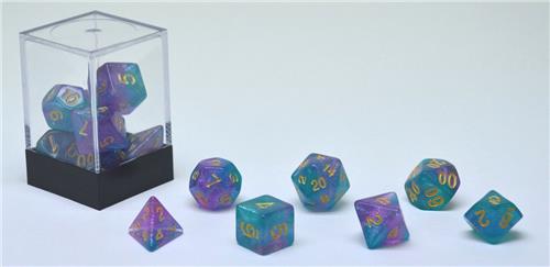 Dobbelstenen Stardust Aqua/Paars 7set brick