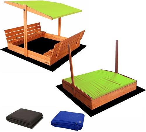 Afsluitbare XL Zandbak met Banken 140x140 cm  GECERTIFICEERD & GEÏMPREGNEERD HOUT | Incl. Afdekzeil & Gronddoek | Voor 2-3 Kinderen