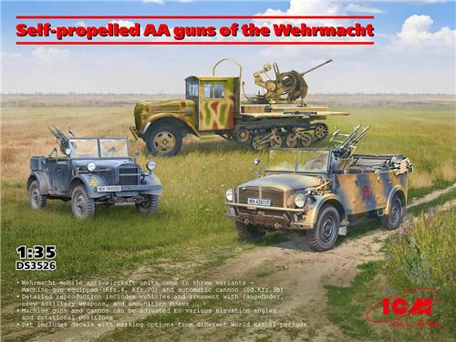1:35 ICM DS3526 Zelfrijdende luchtafweergeschutten van de Wehrmacht - Ford V3000 en 2x Personenkraftwagen Plastic Modelbouwpakket