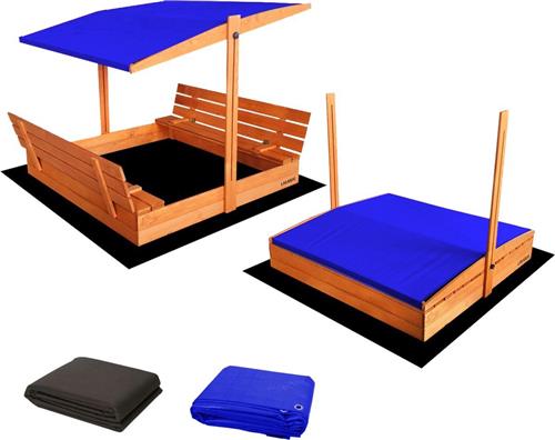 Afsluitbare XL Zandbak met Dak 140x140 cm  Gecertificeerd & Geïmpregneerd Hout | Incl. AFDEKZEIL, GRONDDOEK & Montagevideo | Voor 2-3 Kinderen | Blauw