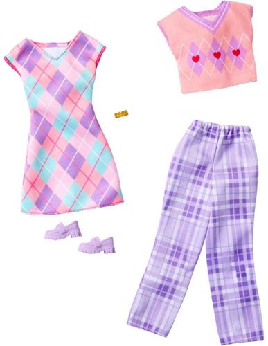 Barbie 2-Pack Kleding Outfit en Accessoires - Ruitjes Jurk met Paarse Schoenen, broek en shirt