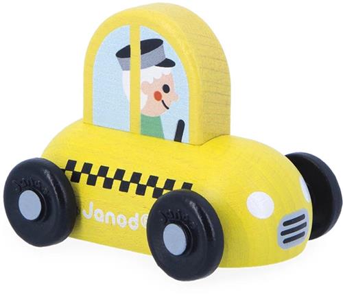 Janod Cross Roads - Houten Taxi - Kleine, Makkelijk Te Hanteren Gele Taxi - Stimuleert De Fijne Motoriek En Fantasie - Geschikt Vanaf 1 Jaar