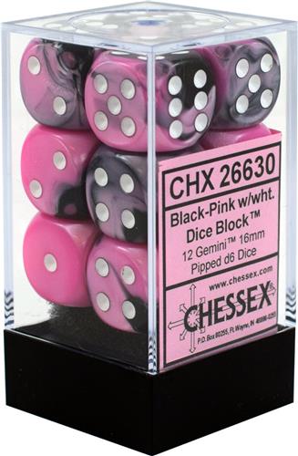 Chessex 12 x D6 Set Gemini 16mm - Black-Pink/White