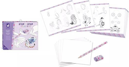 Janod Hachette - Step by Step - Creatief Fantasie Wezens Tekenen - Met 20 Fantasie-Modellen - Kit Om Fantasie Wezens Te Leren Tekenen - 20 Modellen En 25 Bladen Om Te Oefenen - Geschikt Vanaf 7 Jaar