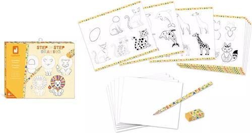 Janod Hachette - Step by Step - Creatief Dieren Tekenen - Met 20 Diermodellen - Kit Om Dieren Te Leren Tekenen - 20 Modellen En 25 Bladen Om Te Oefenen - Geschikt Vanaf 6 Jaar