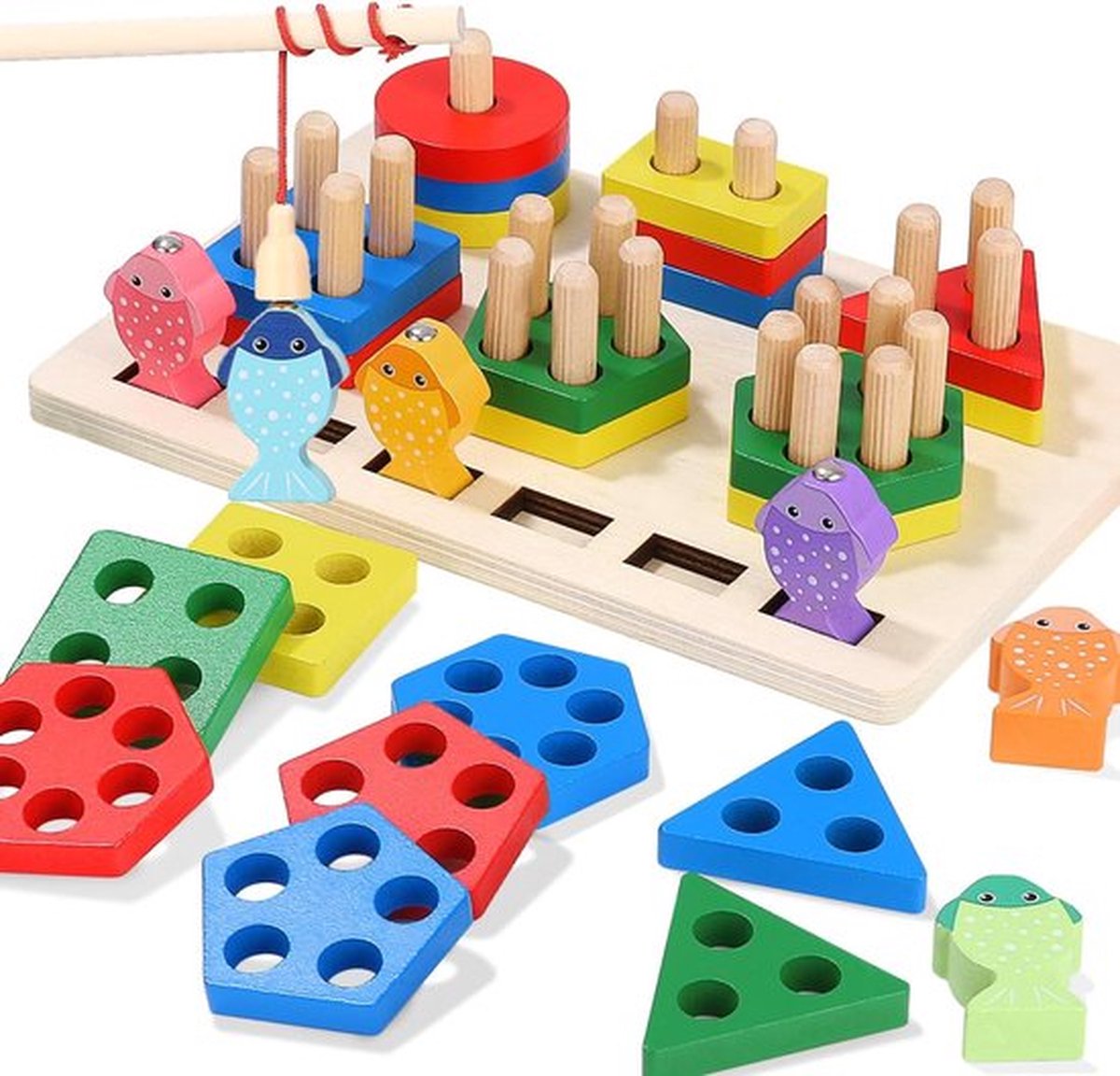 Comius Sharp Montessori 4-in-1 houten speelgoed, motorvaardigheden speelgoed voor jongens en meisjes, thema voor permanente object, muntenbox, worteloogst, kleur bijpassende sticks, baldrop
