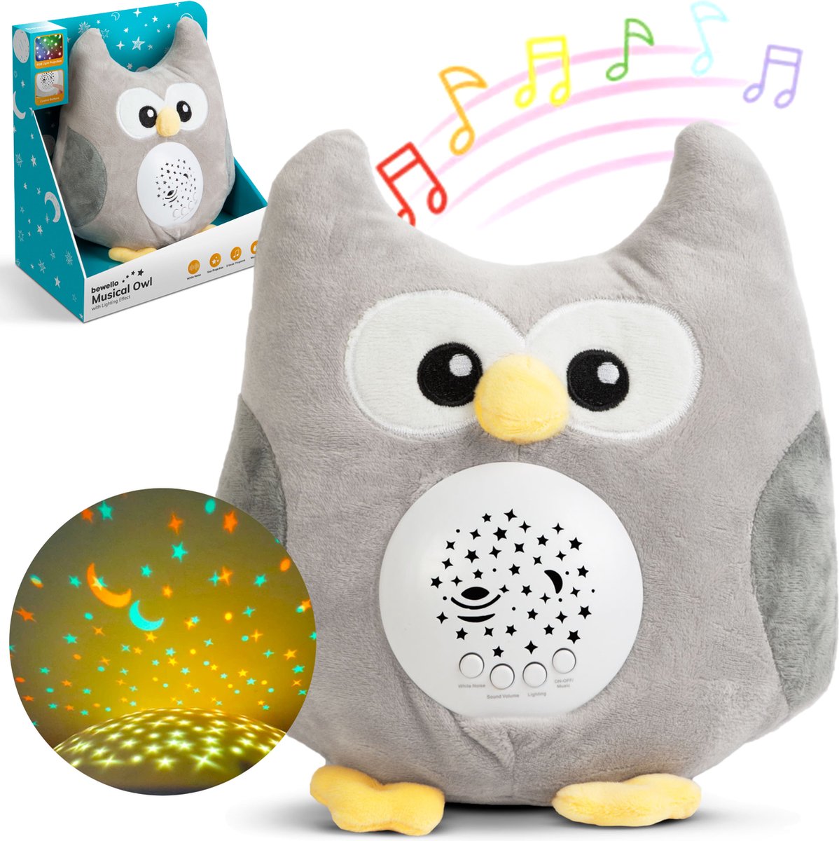 FUNYKICH Einschlafhilfe Baby mit Aufnahmefunktion, Plüschtier Eule White Noise Machine, 12 beruhigende Klänge, Nachtlicht, Wireless Lautsprecher, Timer, Abnehmbar & Waschbar, Geschenk für Neugeborene