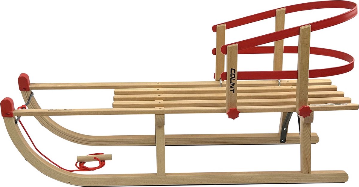 BAMBINIWELT Hoornslee met rugleuning, kleurrijke gordelzitting, trekkoord en stalen glijders, regenboogdesign, houten slee van massief beukenhout, 120 cm